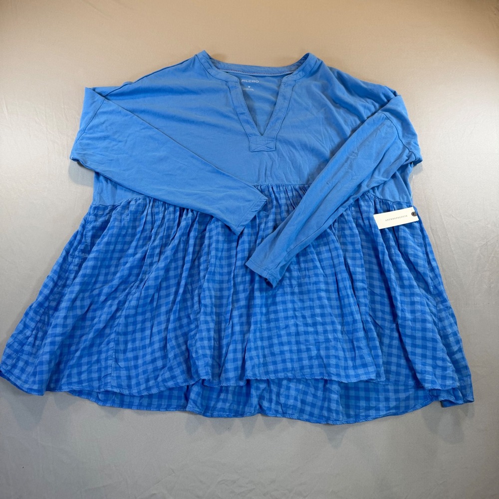 Pilcro‎ Anthropologie Blue Gingham Mixed Media Peplum Tunic Top Medium NEW Boho